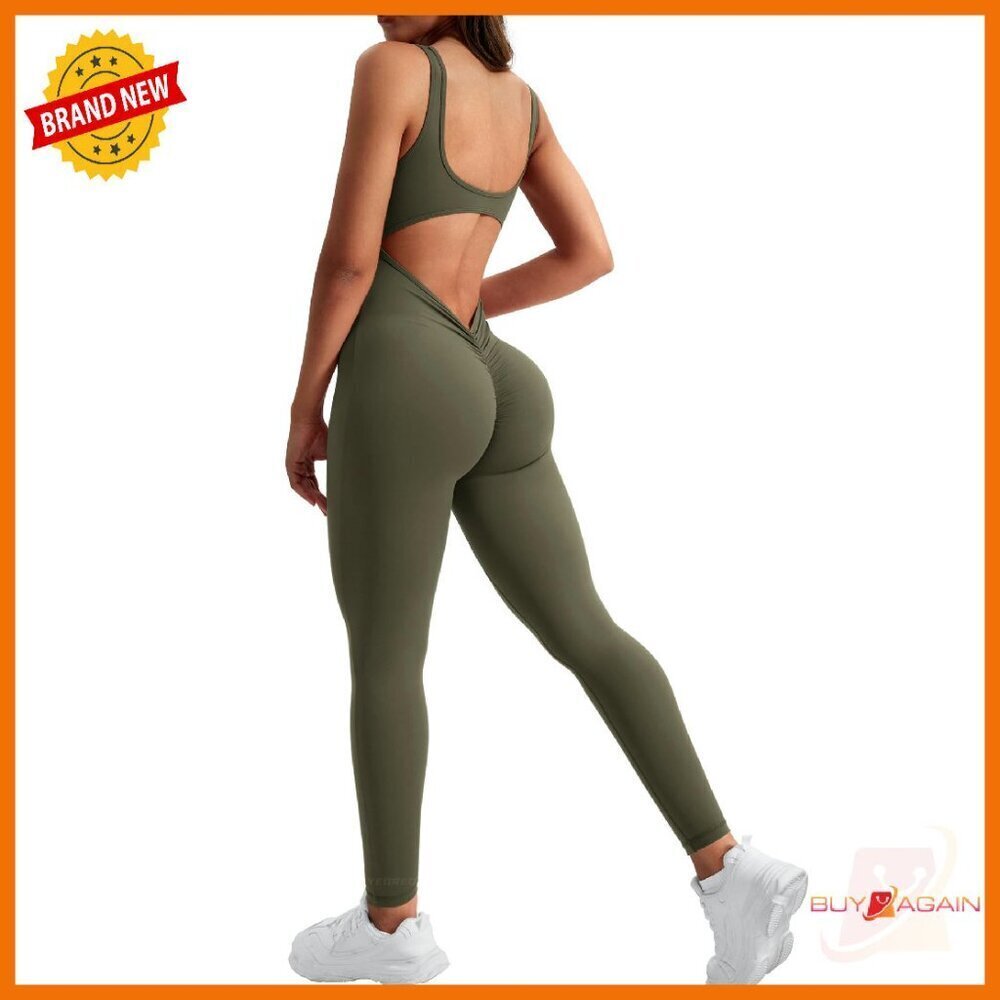 Sleeveless Backless Jumpsuit Tummy Control Workout Romper V Back Scrunch